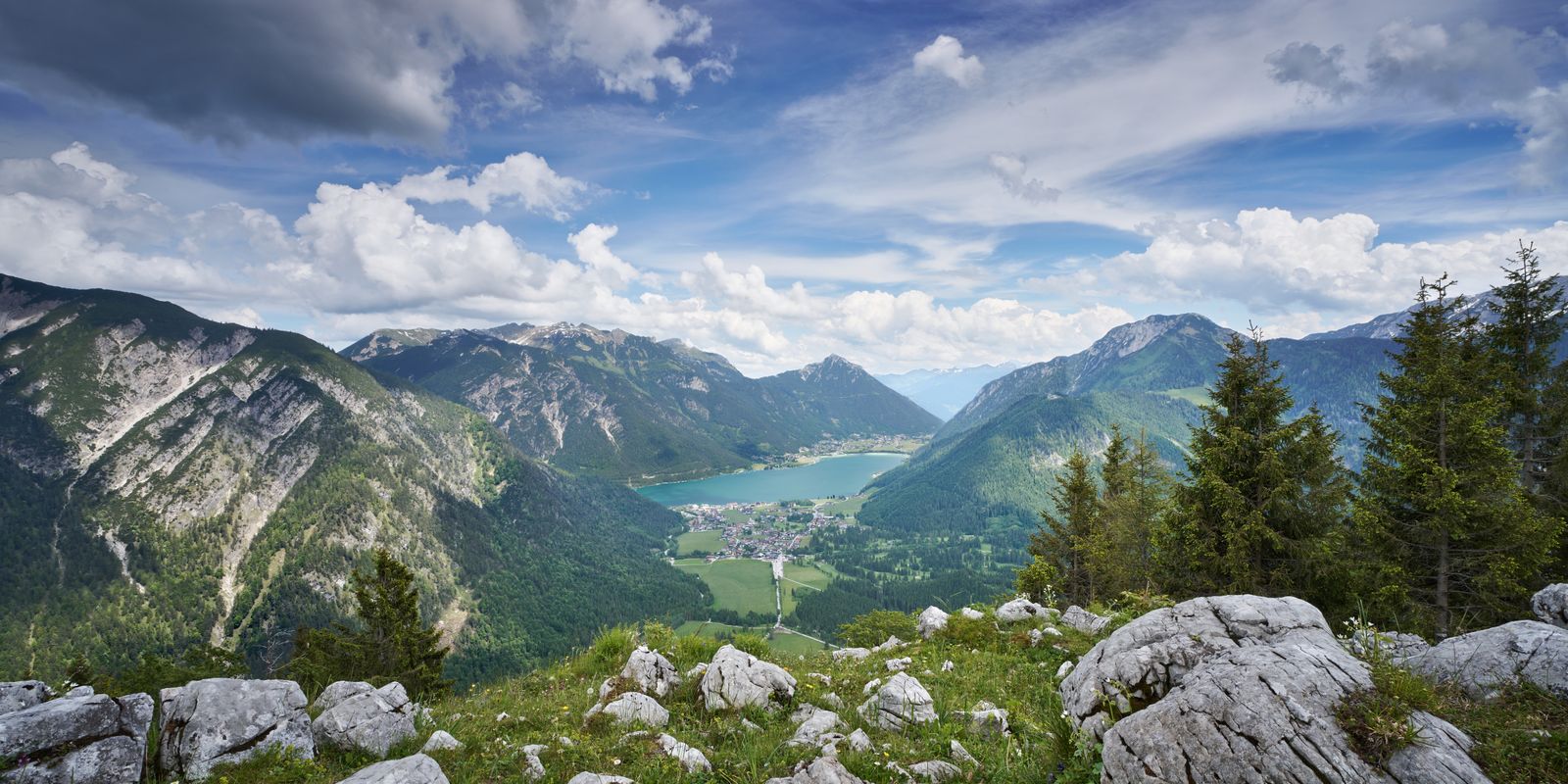 Alpine view over Lake Achensee and Pertisau in Tyrol, Austria